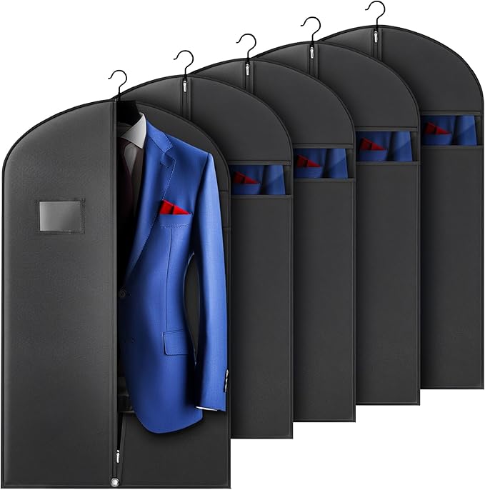 5 Pack 40-inch Suit Bag Garment Bag for Travel and Storage, Garment Bags for Hanging Clothes with Zipper and Visible Transparent Window, Black
