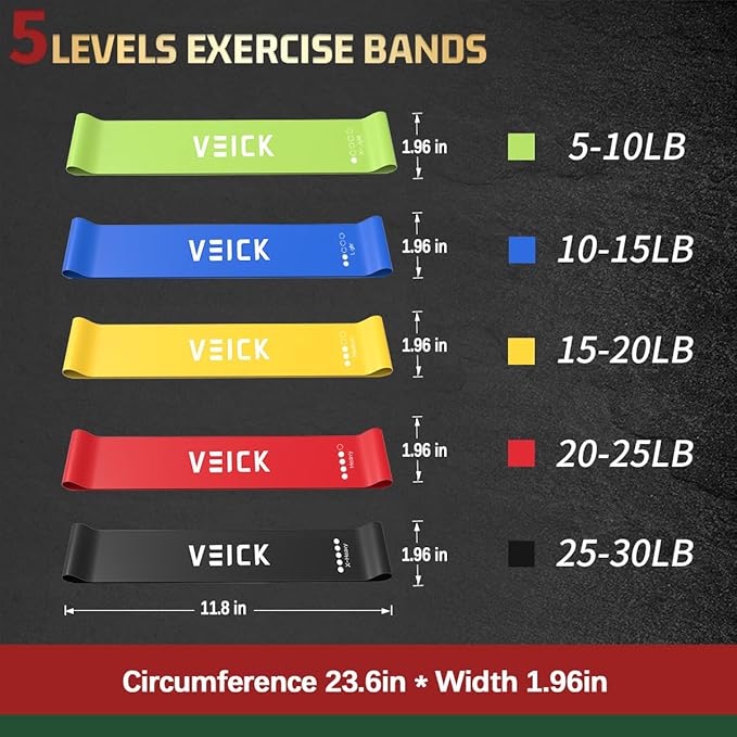 VEICK Resistance Loop Exercise Bands, Elastic Workout Bands for Men Women, Set of 5 Different Resistance Levels Stretch Band for Home Fitness Stretching Strength Training