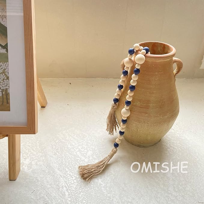 OMISHE Wood Bead Garland with Tassels 61 Inches, Decorative Beads Decor, Boho Farmhouse Wooden Beads Garland for Home Tiered Tray Decor, Navy Blue
