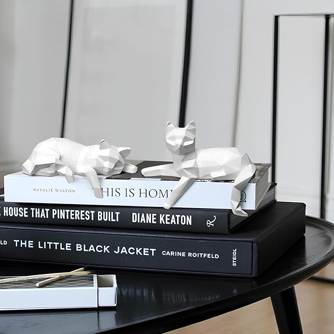 Bookshelf Decor Cat Statue, Modern Geometric Cat Figurines for Living Room Office Shelves Coffee Table Desk Decor – Set of 2 Minimalist Animal Statues (White)
