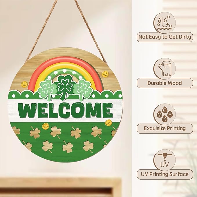 Happy St. Patrick's Day Rainbow Wooden Hanging Sign 12x12 Inch St. Patricks Day Welcome Shamrock Wreath Sign for Front Door Decor,Irish Spring Farmhouse Wood Wreath Indoor Wall Hanging Decoration