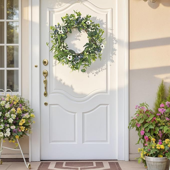 LZNPA 20 Inch Spring Summer Easter Wreaths for Front Door Eucalyptus Wreath with Blue Berries Elegant Durable Greenery Front Door Wreath for Outside Wedding Farmhouse Porch Wall Room Home Decor