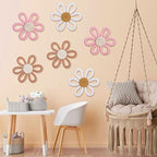 Zeyune 6 Pcs Boho Nursery Daisy Flower Wall Art Decor Woven Macrame Wall Pediments Boho Daisy Floral Nursery Art Decor for Home Bedroom Decorations(Classic Color,Yarn and Cotton Rope)