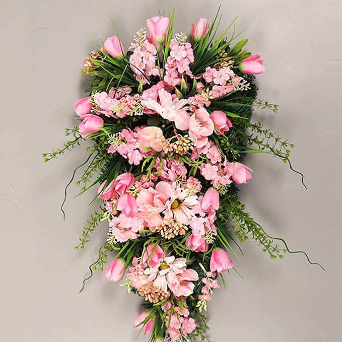 belupai 21.6in Artificial Flower Teardrop Swag, Decorative Swag with Green Leaves and Fake Flowers, Faux Tulips Floral Swag for Spring Summer Indoor Outdoor Window Decor (Pink)