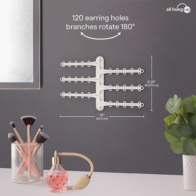 6-Tier 6" Wall Jewelry Organizer, Command Strips included for Easy Hanging, 120 Hole Earring Organizer, Necklace Organizer, Bracelet Holder, Ring Holder, Rotating Branches (White 6-TIer)