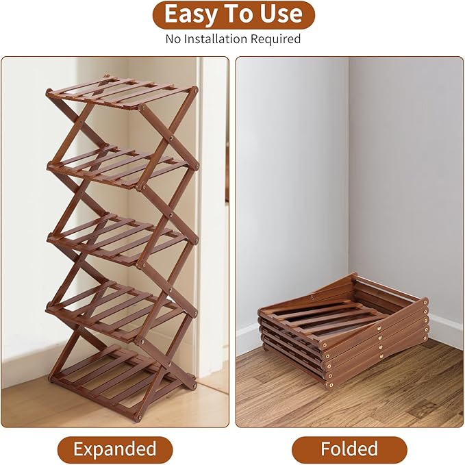 Shoe Rack Foldable, Portable Shoes Organizer Standing Shelf, Multifunctional Vertical Narrow Shoe Rack for Entryway, Closet, Bedroom and Hallway(Dark Brown, 5 Layers)