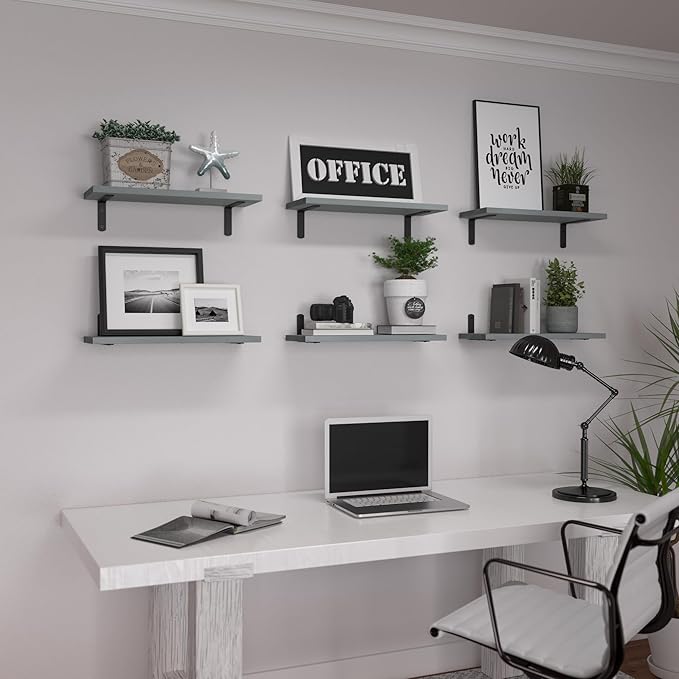 WOPITUES Wood Floating Shelves Set of 6, Shelves for Wall Decor, Farmhouse Shelf for Bedroom, Bathroom Storage Shelves, Book Shelves for Living Room-Grey