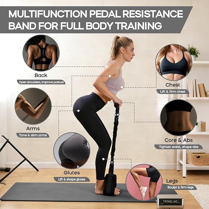 Multifunction Pedal Resistance Band with Handle, 3 Tube Adjustable 30/40/50LB Foot Pedal Puller Resistance Bands with Poster, Extended Length Tension Rope for Men Women Full Body Workout Home Gym