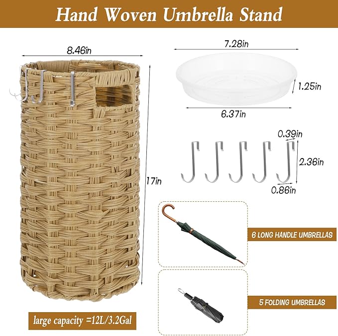 Rattan Umbrella Stand for Entryway, Hand Woven Umbrella Holder Organizer with Detachable Drip Tray and 5 Stainless Steel Hooks, Freestanding Umbrella Rack for Home & Office, 8.6" L x 8.6" W x 17" H