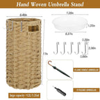 Rattan Umbrella Stand for Entryway, Hand Woven Umbrella Holder Organizer with Detachable Drip Tray and 5 Stainless Steel Hooks, Freestanding Umbrella Rack for Home & Office, 8.6" L x 8.6" W x 17" H