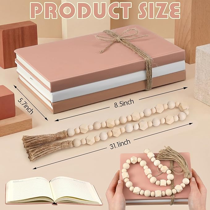 Feifeiya 3 Pieces Faux Decorative Books Set for Home Decor Fake Book for Shelves Coffee Table Stacked Linen Covered Display Notebook with Wood Bead Bookend Gift for Living Room(Neutral Pink)