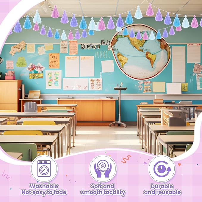 WILLBOND 4 Pieces Valentine's Day Tassel Garland for Classroom Wall Decor Boho Pastel Garland Cotton Tassel Banners for Party School(3.1 Inch,Purple Colors)