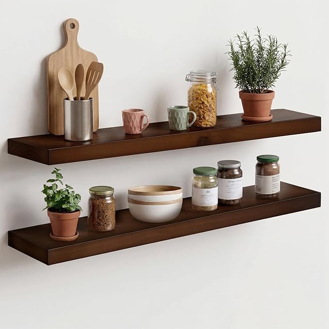 Homeforia 30inch Walnut Floating Shelves for Wall Mounted, High End Solid Real Wood 30 in Floating Shelf, Dark Brown Wooden 30 inch Long Floating Shelves, Heavy Duty Bracket, 30 X 6.5 X 1.75, Set of 3