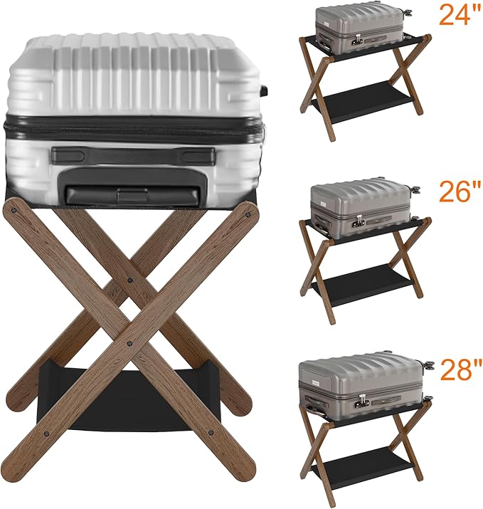 Heybly Luggage Rack, Folding Suitcase Stand with Storage Shelf, Heavy-Duty Luggage Holder for Guest Room Bedroom Hotel, Holds up to 165 lb, Walnut, HLR010WB2