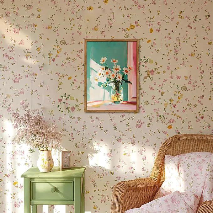 Framed Moody Floral Canvas Wall Art, Vintage Daisy Flower Pictures Wall Decor, Rustic Wildflower Paintings Prints Cottagecore Home Decor for Living Room Bedroom Bathroom 16x24 inch