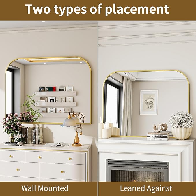 Gold Wall Mounted Bathroom Mirror - 38 x 30 Inch Round Cruved Top Right Angle Bottom Wide Wall Mirror, Aluminum Metal Framed, Decor for Living Room, Bedroom, Fireplace, Mantle, Entryway
