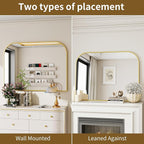 Gold Wall Mounted Bathroom Mirror - 36 x 24 Inch Round Cruved Top Right Angle Bottom Wall Mirror, Aluminum Metal Framed, Decor for Living Room, Bedroom, Fireplace, Mantle, Entryway