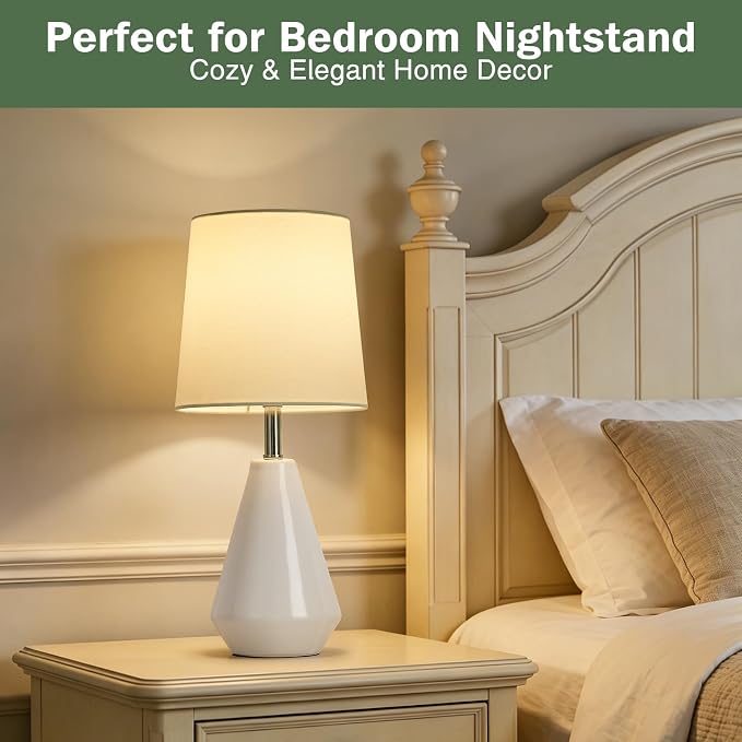 Small Bedside Table Lamp for Bedroom-Reading Desk Lamp Set of 2,with 3 Color Temperatures,15.5" Nightstand Ceramic Lamp with Fabric Shade for Kids Room,Living Room,Dorm,Home Office(White)