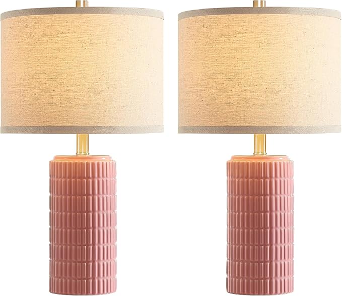 AIEAMPDO 23" Set of 2 Pink Modern Farmhouse Ceramic Table Lamps for Bedroom | Modern Farmhouse Nightstand Table Lamps For Living Room, End Table And Entryway, 2 LED Bulbs Included