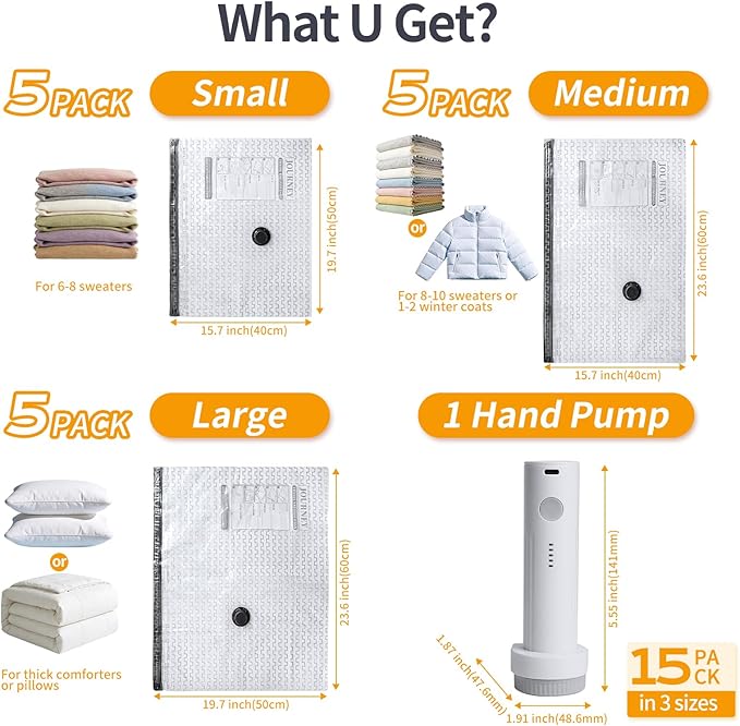 Vacuum Storage Bags for Travel, Vacuum Seal Bags for Clothing with Portable Electric Pump, Space Saver Bags in Multiple Carry-On Sizes, Perfect for Luggage and Suitcases (15 Pack Travel Size)