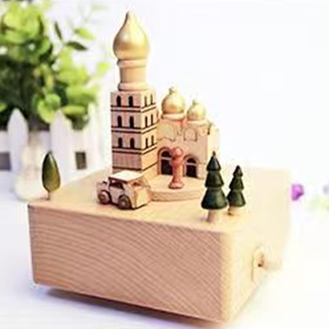 Natural Solid Wood Handcrafted Beech Wooden, Musical FigureTotoro/Carousel/Fairy/Ballerina Figurine,Rotating Hand Crank Mechanism Music Box,Musical Decorations (Church)