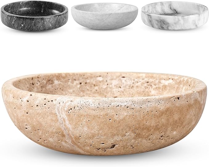 FNTSTICGOODS Travertine Decorative Bowl - 7.8” Diameter & 2” Height - Key Bowl for Entryway Table - Travertine - Organic Modern Centerpiece - Beige/Natural