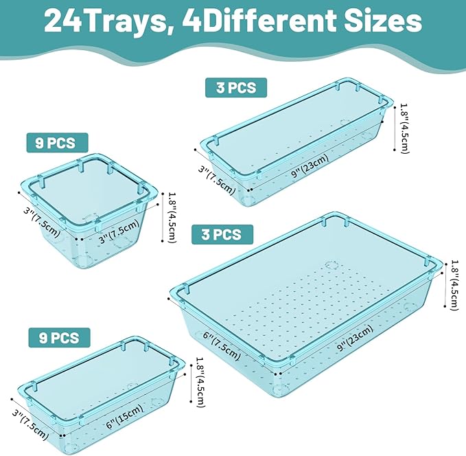 WOWBOX 24 PCS Plastic Drawer Organizer Set, 4 Sizes Desk Drawer Organization and Storage Containers for Makeup, Cosmetics, Jewelry and Gadgets in Kitchen, Bathroom, Bedroom, Office, Clear Sea Blue