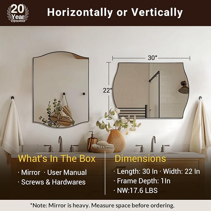 ANDY STAR Brushed Nickel Bathroom Mirror, 22"x30" Scalloped Wall Mirror in Stainless Steel Metal Frame, Unique Vanity Mirror with Modern Curved Edge Design, Ideal for Bathroom, Bedroom, Entryway