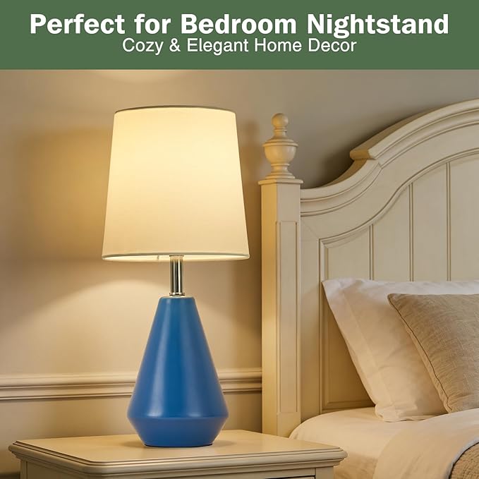 Small Bedside Table Lamp for Bedroom-Reading Desk Lamp Set of 2,with 3 Color Temperatures,15.5" Nightstand Ceramic Lamp with Fabric Shade for Kids Room,Living Room,Dorm,Home Office(Blue+White)