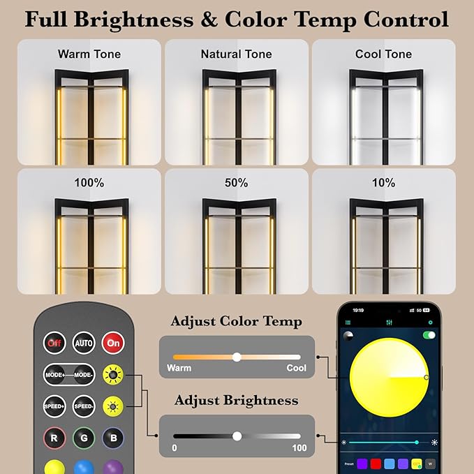 5-Tier Corner Shelf with RGB LED Light, 65" Tall Display Cabinet with Storage, Remote & APP Control, Adjustable Brightness/Color Temp, Floor Lamp with Shelves for Living Room Bedroom (Black)