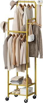 Chrislley Clothes Rack with Wheels, 71" Portable Clothing Rack with 2 Shelves and 4 Hooks, Small Rolling Garment Rack, 4 Hanging Rods Metal Coat Rack for Bedroom, Apartment, Entryway, Gold