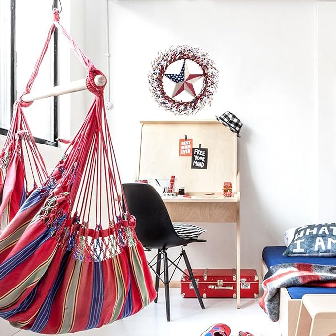 TEMPUS 18" Patriotic Wreath with Burlap Flag Star Artificial 4th of July Decor for Front Door, Indoor Wall & Gifting