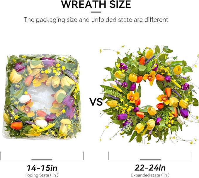 Spring Wreaths for Front Door 24 Inch,Spring Summer Wreath with Colorful Tulip,Eucalyptus and Ferns,Tulip Wreath for Indoor Outdoor Farmhouse Home Porch Wall Decor