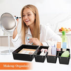 25 PCS Plastic Drawer Organizer Set, 4-Size Versatile Organizer Trays & storage Bins for Makeup, Jewelry, and Gadgets in Bathroom, Bedroom and Office, Black