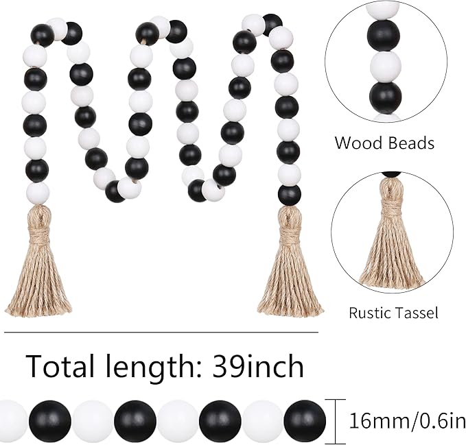 Meplait Wood Bead Garland - 39in Farmhouse Beads with Tassels for Tiered Tray Decor - Black & White