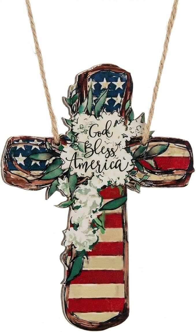 YOYAI Wooden Wall Cross Decor Patriotic Door Hanger Memorial Day Decorations 4th of July Wooden Welcome Wreath for Front Door, Independence Day Decorations - Wooden Cross Outdoor Door Hanger for Porch, Wall, Window