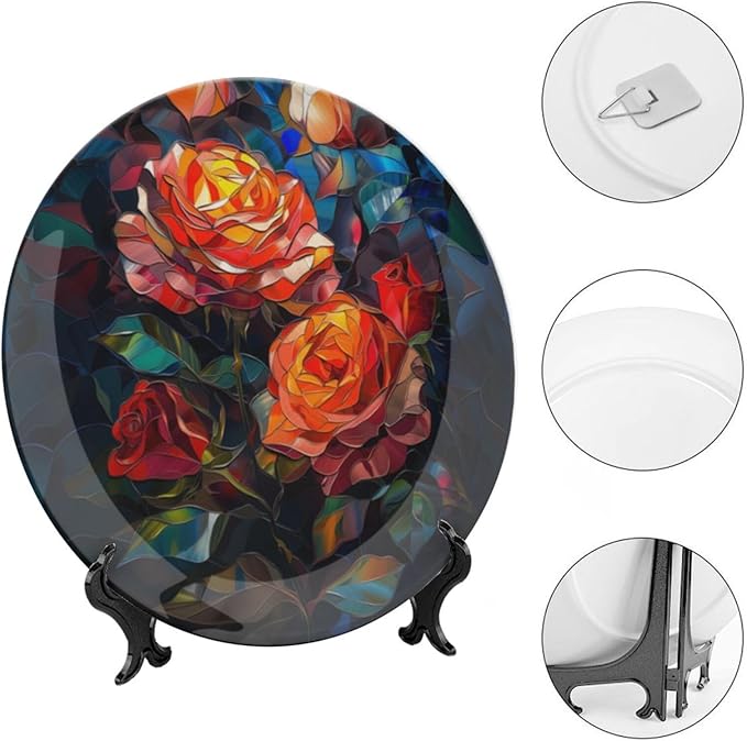 Stained Glass Theme Decorative Ceramic Plate Round Porcelain Plate,10 inch,Roses Pattern,for Decorative Ornaments Giving Plates, 1 Plate with 1 Display Stand,Green Red Orange