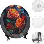 Stained Glass Theme Decorative Ceramic Plate Round Porcelain Plate,6 inch,Roses Pattern,for Decorative Ornaments Giving Plates, 1 Plate with 1 Display Stand,Green Red Orange