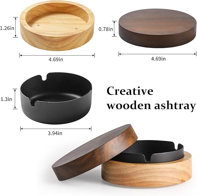 Cute Ashtrays for Cigarettes Smokeless Ash Tray with Stainless Steel Liner Windproof Wooden Ashtray with Lid for Home Office Tabletop Outside Patio