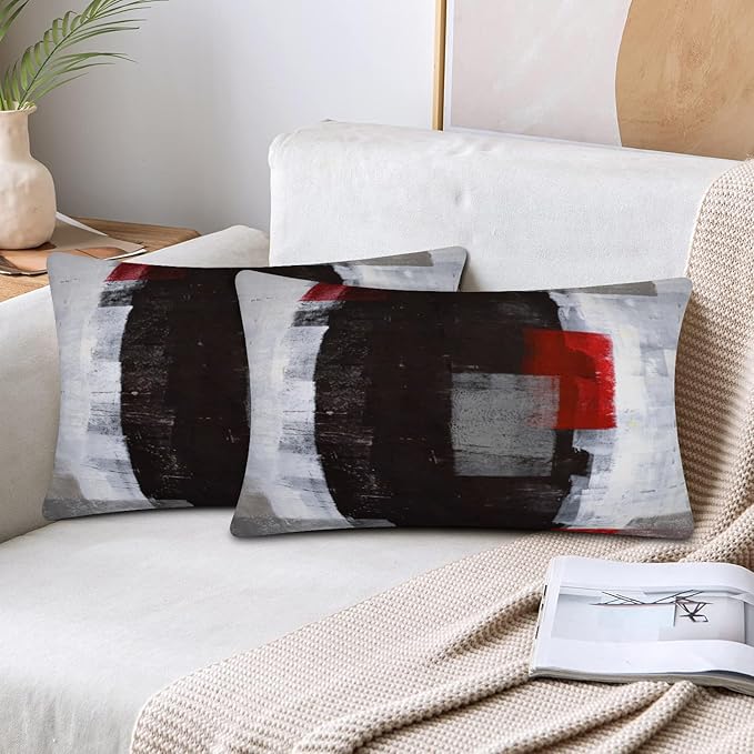 Red and Grey Abstract Art Pillow Cover, Modern Black White Decorative Throw Pillows Cushion Cover for Bedroom Sofa Living Room 12 x 20 Inch Set of 2