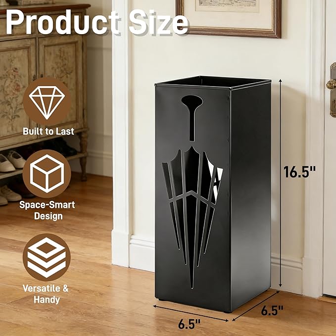 Square Metal Umbrella Stands, Umbrella Holder Rack for Entryway, Canes Walking Sticks Storage Bin Freestanding for Home Office Indoor Hotel Shop, 6.5" x 6.5" x 16.5", Black