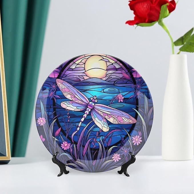 Decorative Plates for Home Decor, Bright Color Dragonfly Purple Stained Glass Print Decor Tray for Table Display, Ceramic Dinner Plate W/ Stand, Living Room Decor, Gifts for Dragonfly Lover, 8 Inch