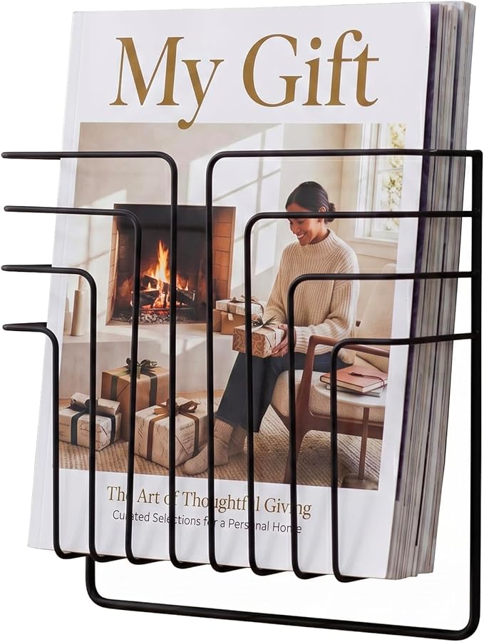 MyGift Modern Design Black Metal Wire Wall Mounted Magazine and File Folder Holder Organizer Rack