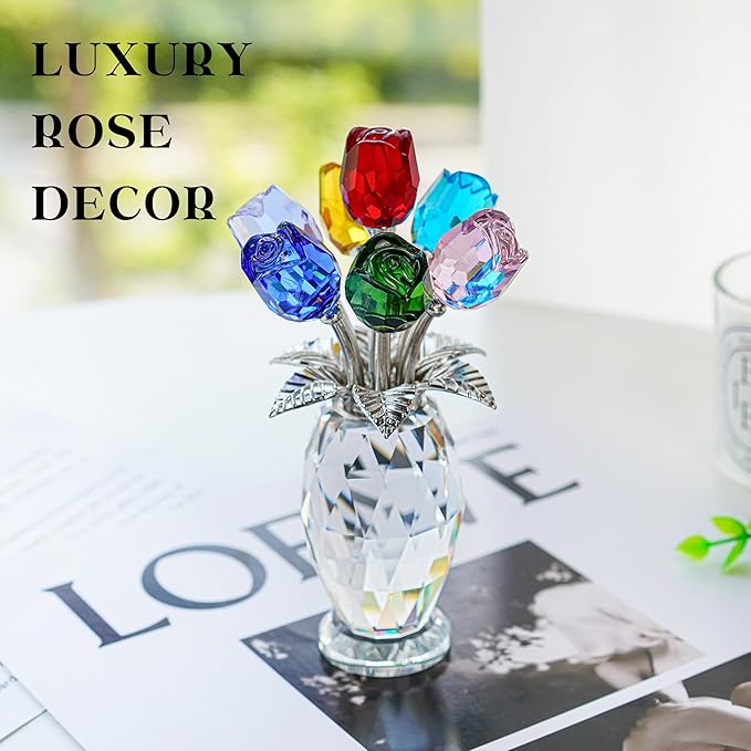 H&D HYALINE & DORA Colorful Crystal Rose Figurine - Rose Flower Gifts for Women - Wedding Party Collectible Figurines - Gift Box Included