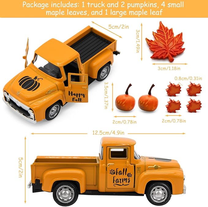 Thanksgiving Truck Decor, Fall Orange Maple Leaf Pumpkin Metal Truck Decorations for Home Indoor, Mini Cute Pumpkin Tiered Tray Decor, Farmhouse Kitchen Tabletop Centerpiece Decorations
