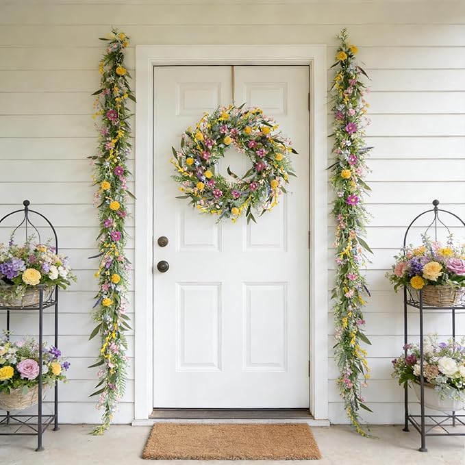 70-Inch Spring Summer Flower Garland for Mantle, Floral Garland with Colorful Wildflowers, Forsythia & Lavender Flowers for Decor, All Year Round Artificial Flower Garlands for Home Decor