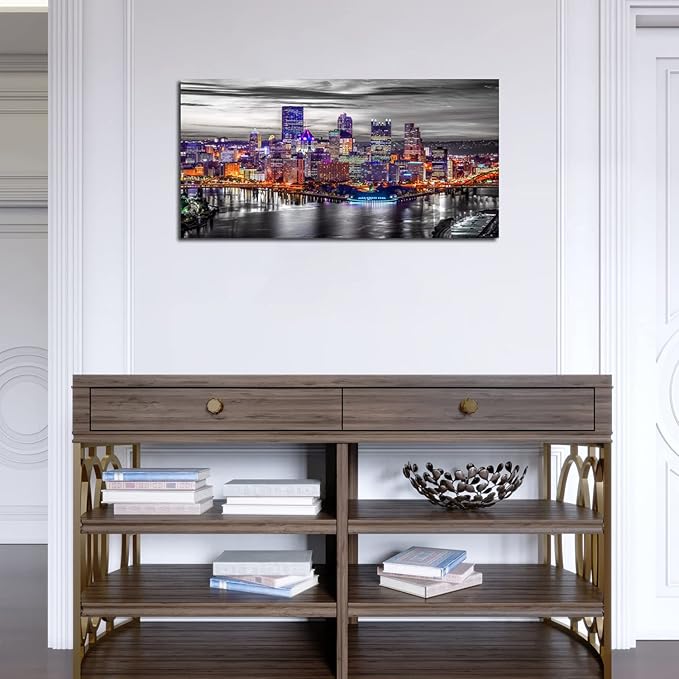 Pittsburgh Wall Art Living Room Decorations Black and White City Skyline Picture Modern Office Wall Decor Pennsylvania Nightscape Panoramic Canvas Prints Cityscape Painting Skyscraper Artwork 20x40"