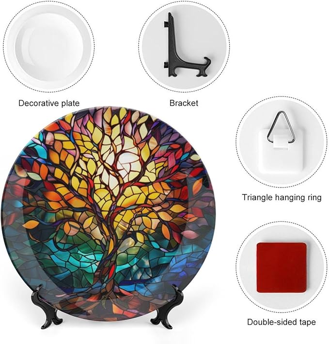 Stained Glass Theme Decorative Ceramic Plate Round Porcelain Plate,10 inch,Tree of Life Pattern,for Decorative Ornaments Giving Plates, 1 Plate with 1 Display Stand,Multicolor