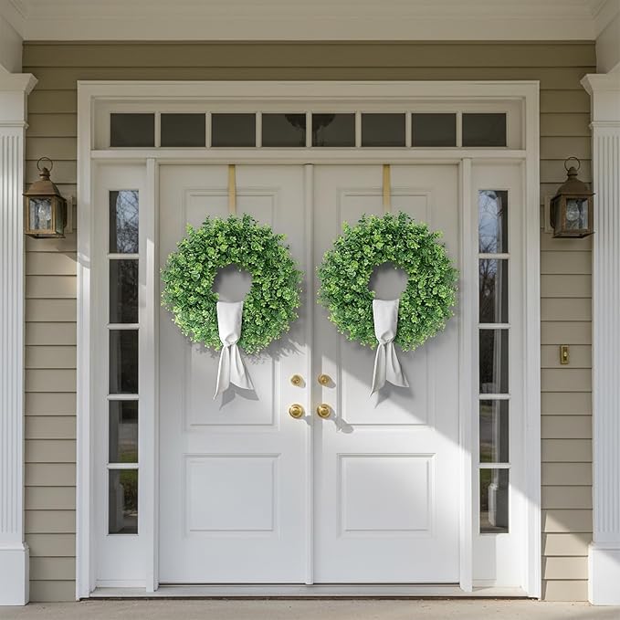 26" Artificial Eucalyptus Wreath with Sash for Front Door, Porch, Window - Large Faux Eucalyptus Leaves Greenery Outdoor Wreath for Home, Farmhouse Decor - Spring, Summer, All Seasons (Green)