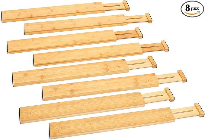RoyalHouse Adjustable Bamboo Drawer Dividers Organizers, Expandable Drawer Separators for your Kitchen, Bedroom, Bathroom, Dresser, Office, and More (8 pieces)